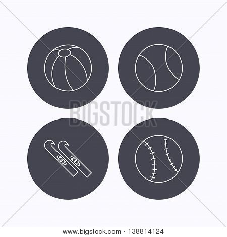 Swimming ball, tennis and baseball icons. Skis linear sign. Flat icons in circle buttons on white background. Vector
