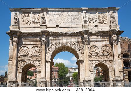ROME, ITALY - APRIL 8, 2016: Arch of Constantine, ancient construction of emperor victory over Maxentius in 312AD, Locates next to Coliseum