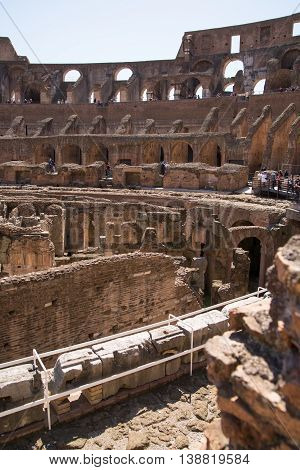 ROME, ITALY - APRIL 8, 2016: Ruins of Coliseum, panoramic view with underground levels of gladiator's rooms and animal's cages