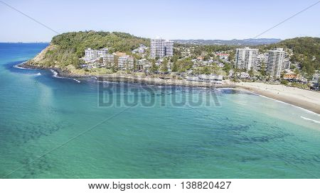 Aerial view of Burleigh headland and shoreline. Gold Coast, Australia