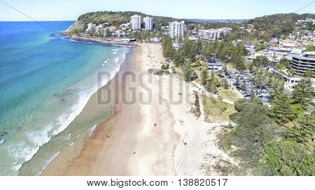 Aerial view of Burleigh beach and headland in the horizon. Gold Coast, Australia