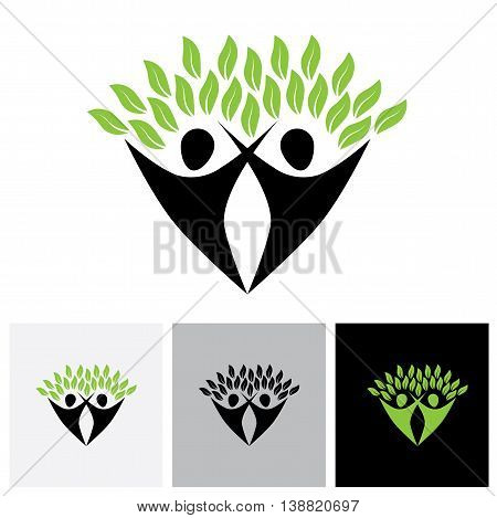 Friends Jumping In Joy - Life Tree Eco Concept Vector Logo Icon.