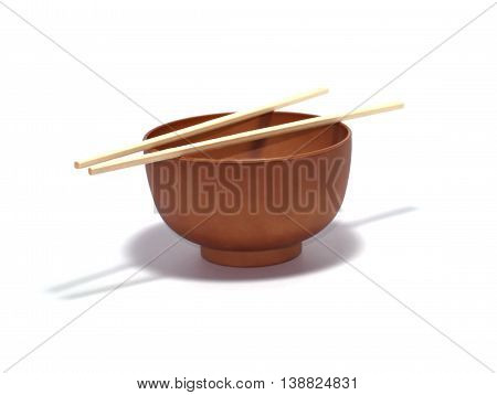 Wooden soup bowl with bamboo chopsticks isolated on white background