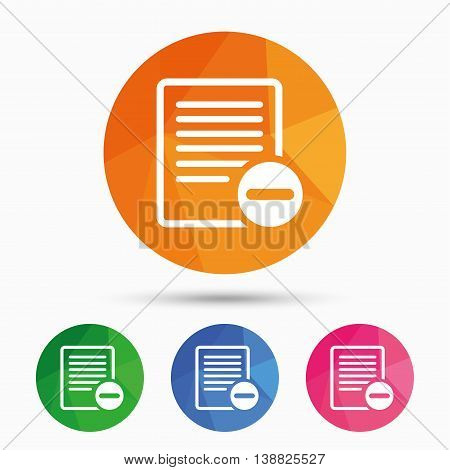 Text file sign icon. Delete File document symbol. Triangular low poly button with flat icon. Vector