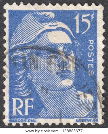 MOSCOW RUSSIA - CIRCA JANUARY 2016: a post stamp printed in FRANCE shows a portrait of Marianne the national emblem of France the series "New Daily Stamp" circa 1951