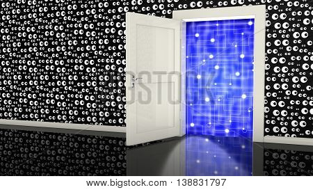 Open white backdoor in a black wall with eyes leading to a network cybersecurity surveillance concept 3D illustration