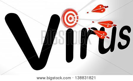 Three silver arrows with a shield texture hitting the word virus where the i dot is covered by a circular target 3D illustration cybersecurity concept