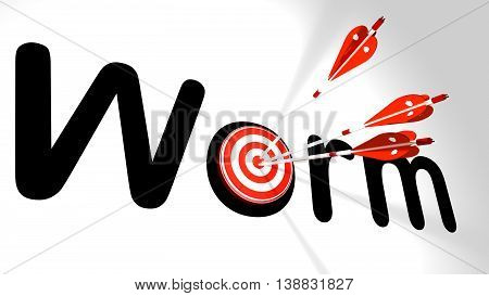 Three silver arrows with a shield texture hitting the word worm where the letter o is partially covered by a circular target 3D illustration cybersecurity concept