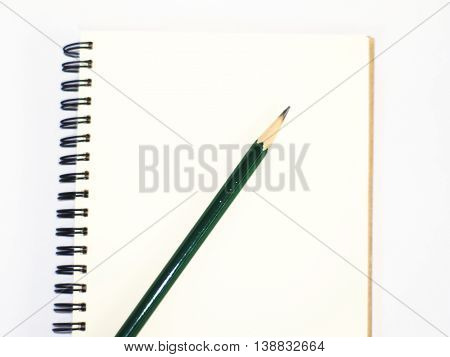 green pencil on a plain ring binder notebook, top view