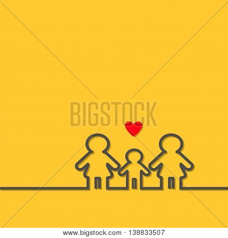 Two mothers and baby boy son. Gay lesbian marriage Pride symbol Contour line woman sign LGBT icon Female gender symbol. Happy family concept. Red heart Yellow background. Flat Vector illustration