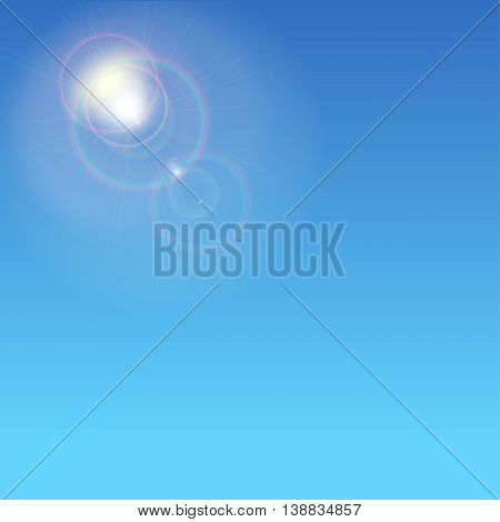 Sunburst with sun flare. Abstract glowing ring from the sun. Glare and rays on a blue background with glow halo