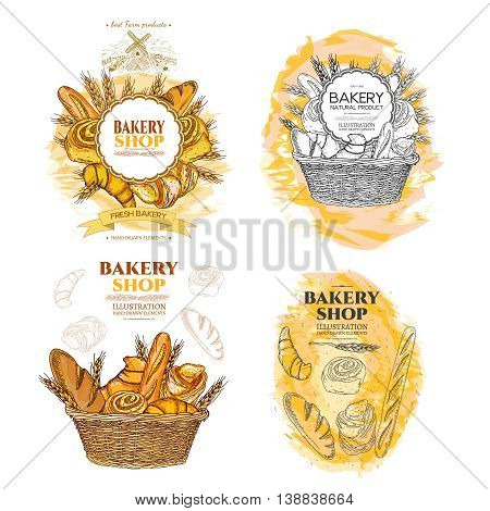 Bakery bread and rolls in wicker basket collection fresh pastries templates hand drawn vector