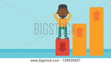 An african-american bankrupt clutching his head. Bankrupt standing on chart going down. Concept of business bankruptcy. Vector flat design illustration. Horizontal layout.