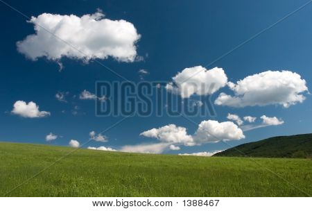 Zelená tráva modré nebe a bílé mraky