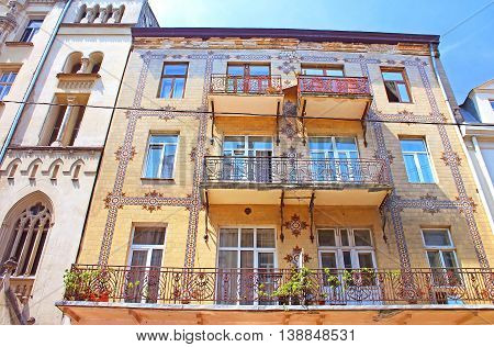 Majolica House with its beautiful ornamentation on Les Kurbas Street in Lviv, Ukraine
