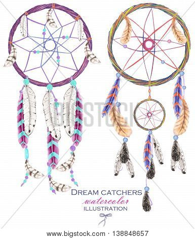Illustration with dreamcatchers, hand drawn isolated in watercolor on a white background
