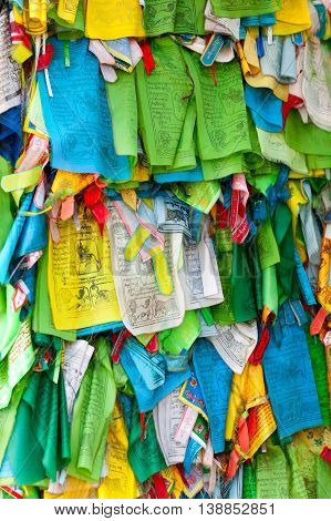 Prayer flags and Hadak at sunset in the Republic of Buryatia. Datsan Rinpoche Bagsha on Bald Mountain in Ulan-Ude, Russia.
