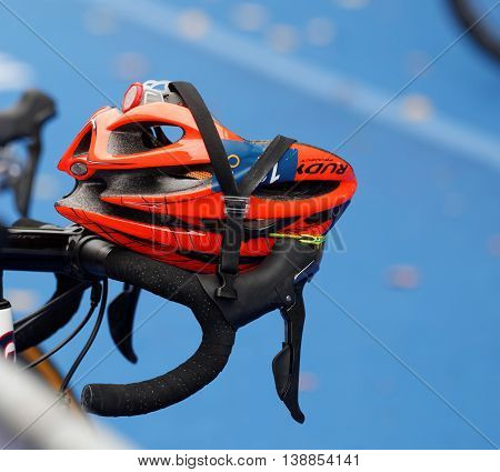 STOCKHOLM - JUL 02 2016: Closeup of a professional triathlon helmet in the Women's ITU World Triathlon series event July 02 2016 in Stockholm Sweden