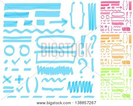 Hand drawing highlighter elements for select and edit text. Four color set. Orange, pink, green and blue. EPS10.