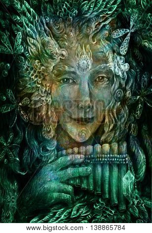 forest fairy shaman with panflute and crystal, detailed colorful illustration.