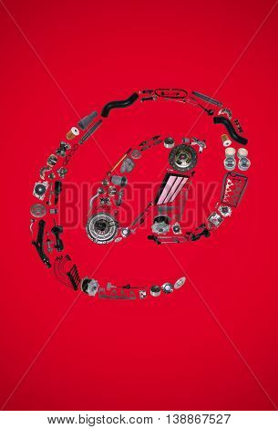 Dogbody or email icone with auto parts for car. Spare parts for car for shop, aftermarket OEM. Many auto parts isolated in email icone