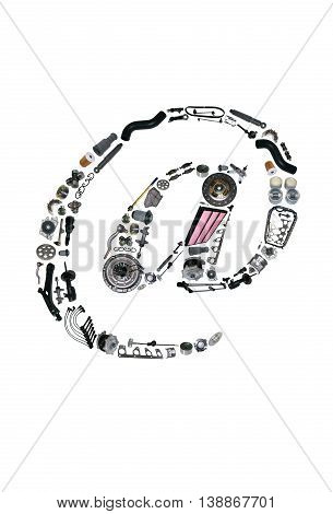 Dogbody or email icone with auto parts for car. Spare parts for car for shop, aftermarket OEM. Many auto parts isolated in email icone