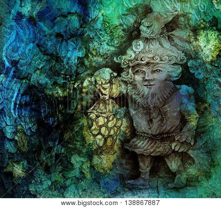 little forest dwarf carrying his lantern in woodland, colorful drawing.