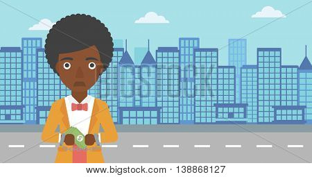 An african-american young business woman in handcuffs with money in hands on the background of modern city. Business woman handcuffed for crime. Vector flat design illustration. Horizontal layout.