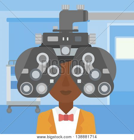 An african-american woman undergoing an eye examination while visiting optometrist at the medical office. Vector flat design illustration. Square layout.