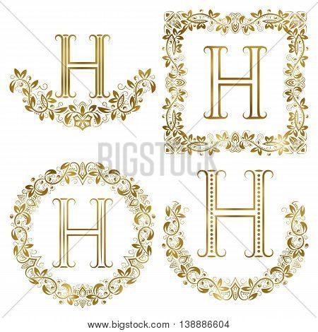 Golden H letter ornamental monograms set. Heraldic symbols in wreaths square and round frames.