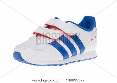 Varna Bulgaria - MAY 13 2016: ADIDAS VS SWITCH children shoe. Isolated on white. Product shot. Adidas is a German corporation that manufactures sports shoes clothing and accessories