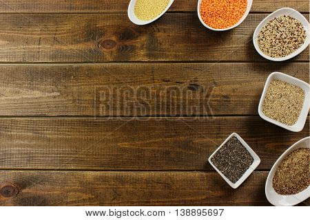 super food in bowls on wood Background