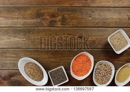 super food in bowls on wood Background