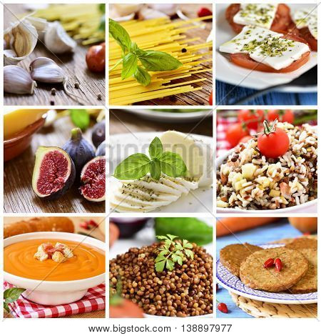a collage of nine pictures of different eatings and meals, such as garlics and tomatoes, uncooked spaghetti, figs, mozzarella cheese, wild rice, gazpacho, lentil salad or vegie burgers