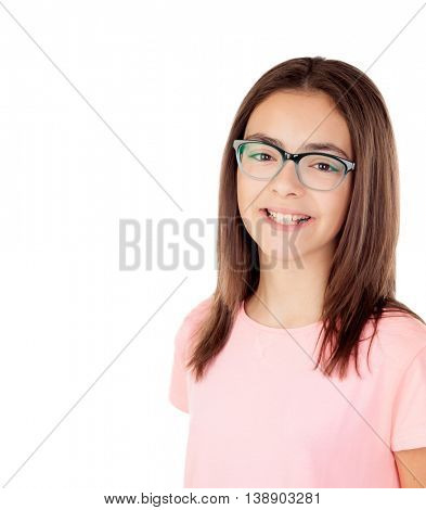 Pretty preteenager girl with glasses isolated on a white background