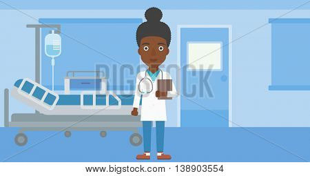 An african-american young female friendly doctor with stetoscope standing in hospital ward and carrying folder of patient or medical information. Vector flat design illustration. Horizontal layout.