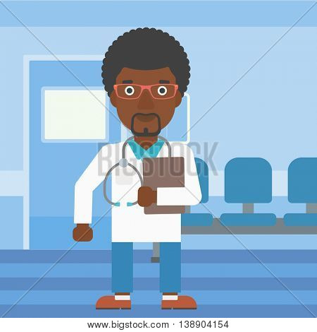 An african-american friendly doctor with stetoscope standing in hospital corridor and carrying folder of patient or medical information. Vector flat design illustration. Square layout.