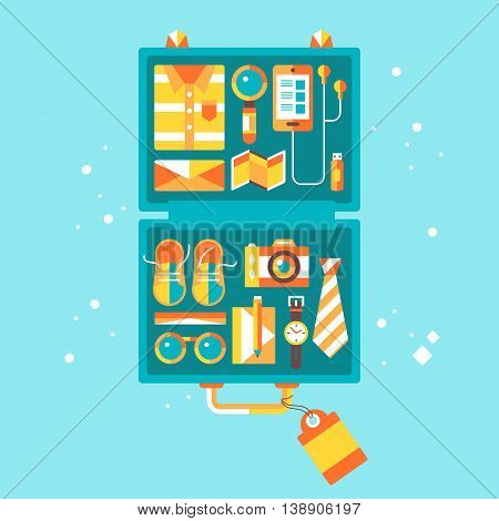 Business travel concept. Suitcase with travel and tourism objects. Modern stylish vector illustration