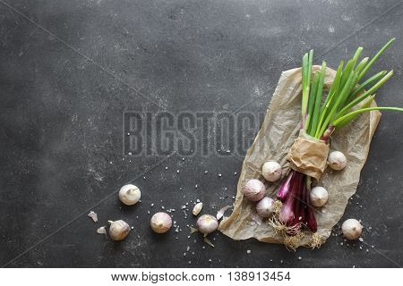 purple spring onions on dark table background