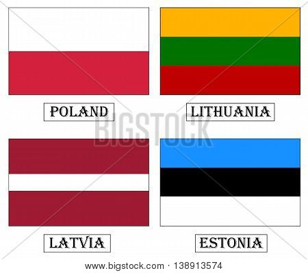 Flags: Poland, Lithuania, Latvia, Estonia. Baltic countries flags