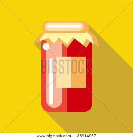 Jar of red fruity jam icon in flat style on a yellow background