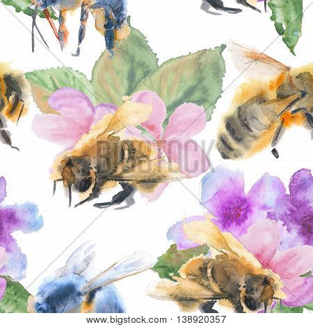 background bee. flying insects. seamless pattern. watercolor illustration.