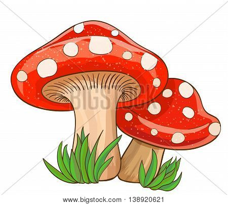 cartoon red mushrooms and grass on white. vector illustration