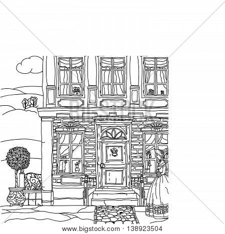 Contoured Black and white victorian house with a strolling woman in crinoline with vintage umbrella. for adult coloring book or for zen art therapy drawing. Hand-drawn, vector, for coloring, posters