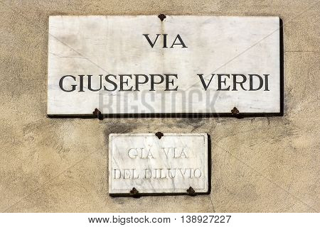via giuseppe verdi, street plate on a wall of old house in Florence, region of Tuscany, Italy