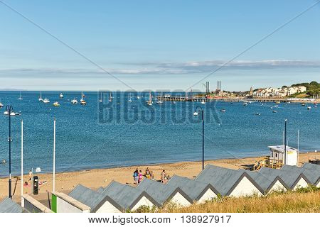 Swanage Dorset UK - July 2016. A view of Swanage bay looking towards Bournemouth and Old Harry rock at Swanage in Dorset UK