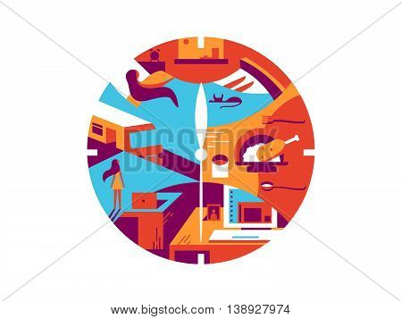 Daily time cycle. Business day, routine wake up and office work. Vector illustration