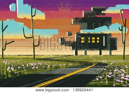 landscape with modern house in meadow with flat stlye, digital painting