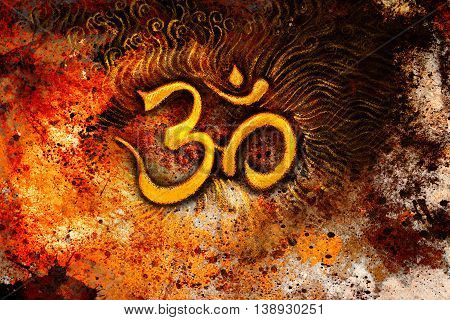 golden om symbol emanating light, illustration on abstract background.