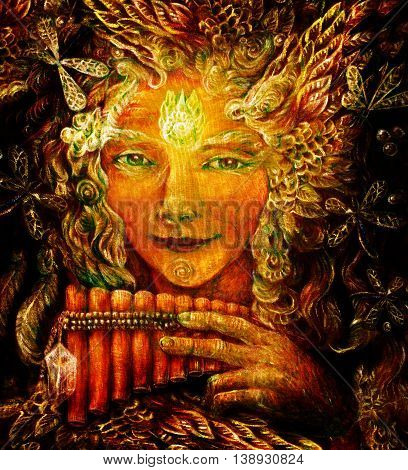 forest fairy shaman with panflute and crystal, detailed colorful illustration.